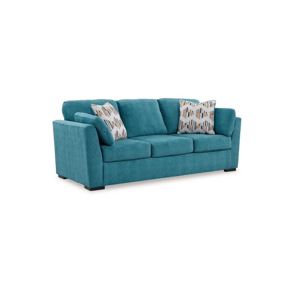 Ashley Viena Sofa with 2 Accent Throw Pillows Teal Blue Faux Velvet 94 Inch BM332343
