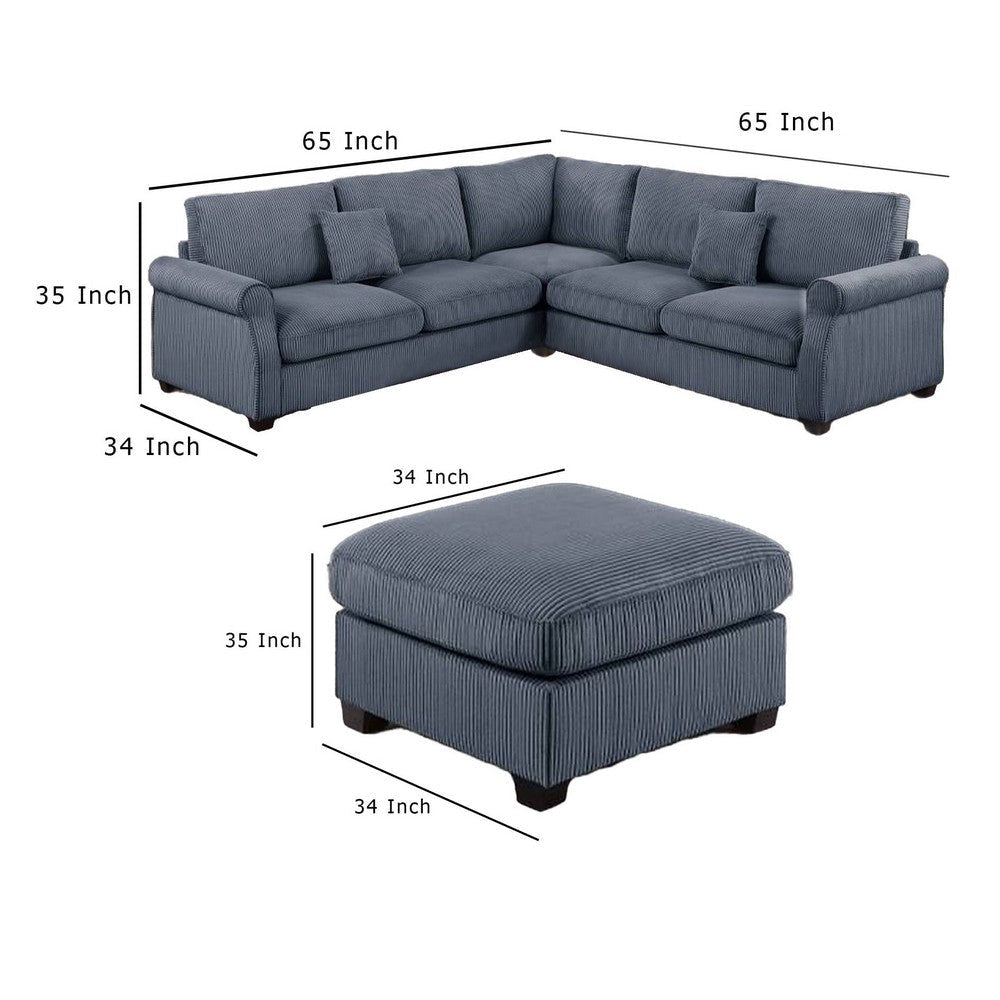 Fero 4pc L Sectional Sofa Loveseat Wedge Ottoman Set Gray Corduroy BM332359