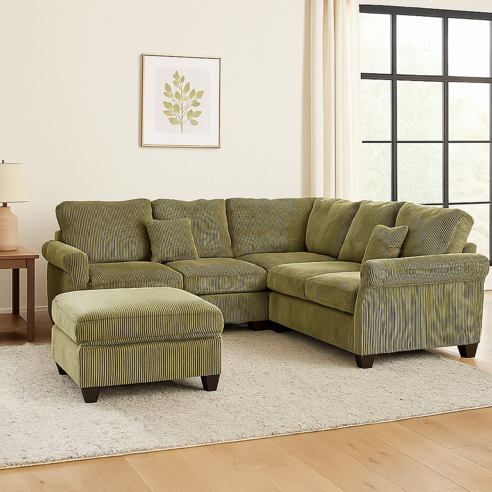 Fero 4pc L Sectional Sofa, Wedge n Ottoman Set, Sage Green Corduroy