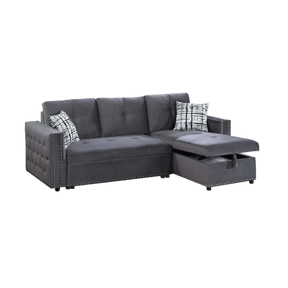 Ero Convertible Sectional Sofa, Storage Chaise, 2 Pillows, Gray Velvet
