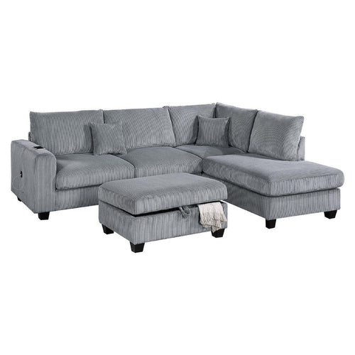 Roe 3pc Sectional Sofa Set w Chaise, Ottoman, 2 Pillows, Fog Gray