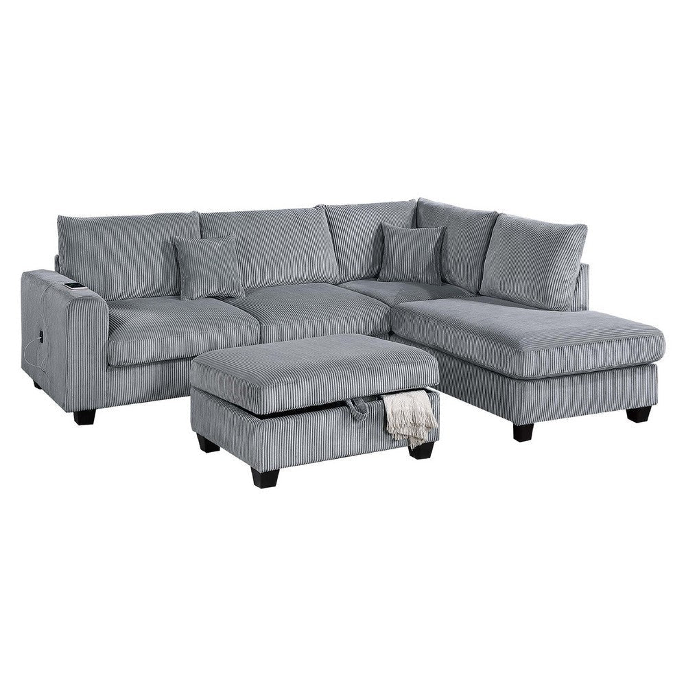 Roe 3pc Sectional Sofa Set w Chaise, Ottoman, 2 Pillows, Fog Gray