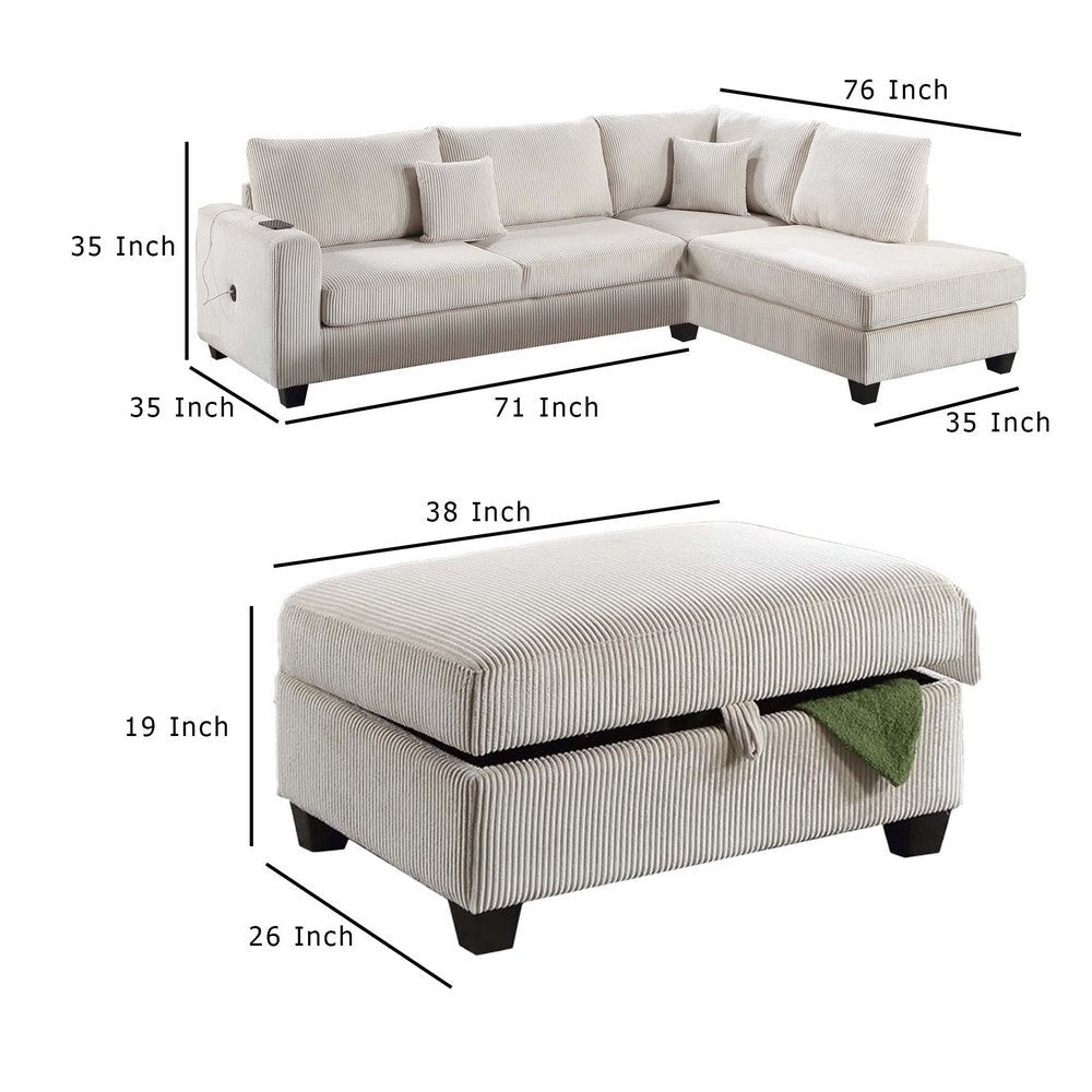 Roe 3pc Sectional Sofa Set with Chaise Ottoman 2 Pillows Ivory BM332370