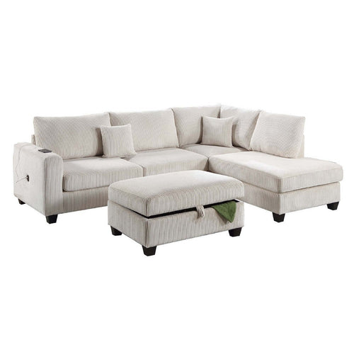 Roe 3pc Sectional Sofa Set with Chaise, Ottoman, 2 Pillows, Ivory