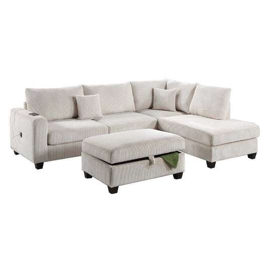 Roe 3pc Sectional Sofa Set with Chaise, Ottoman, 2 Pillows, Ivory