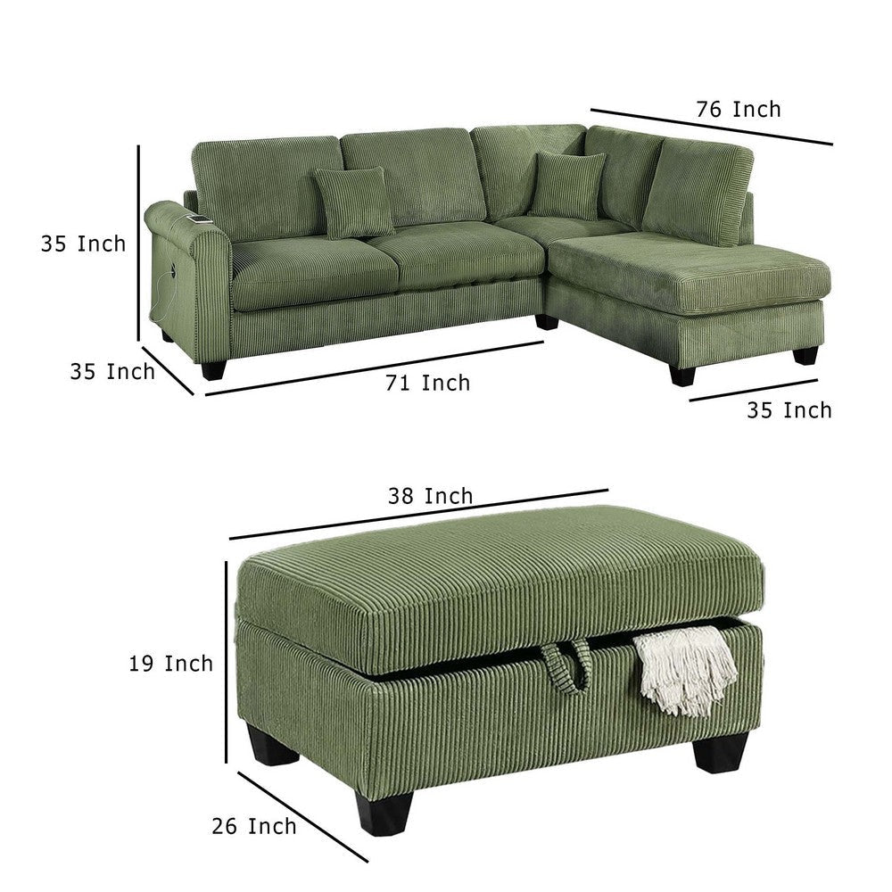 Roe 3pc Sectional Sofa Set w Chaise Ottoman 2 Pillows Sage Green BM332372