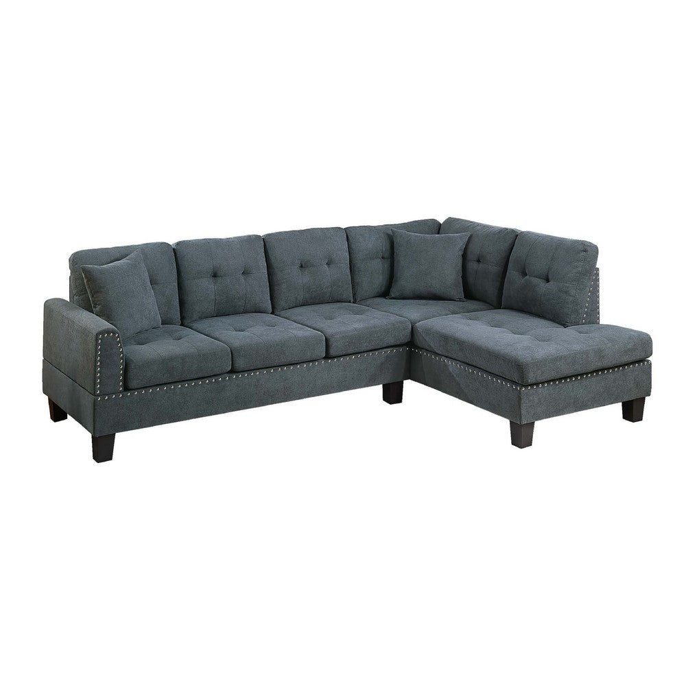 Dema 2pc Sectional Sofa Set, Chaise, 2 Pillows, Textured Black Velvet