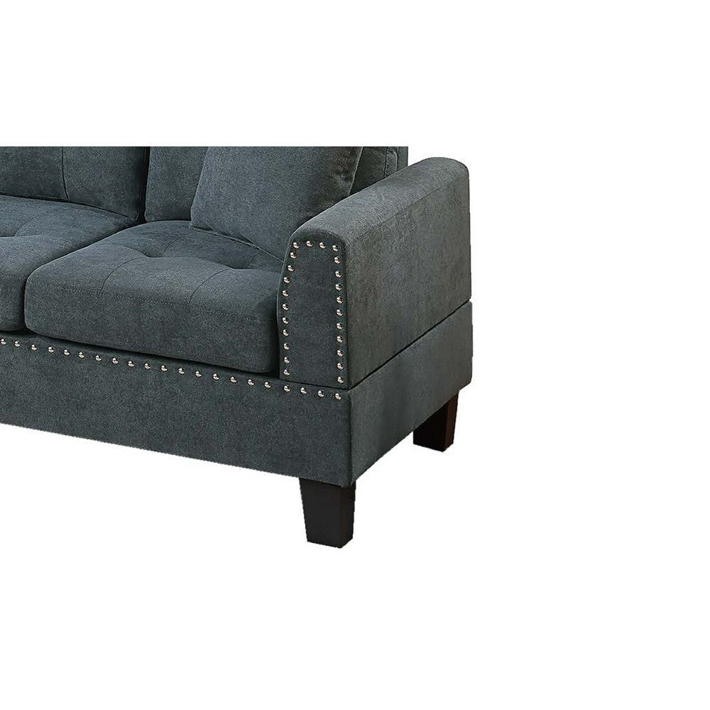 Dema 2pc Sectional Sofa Set Chaise 2 Pillows Textured Black Velvet BM332375