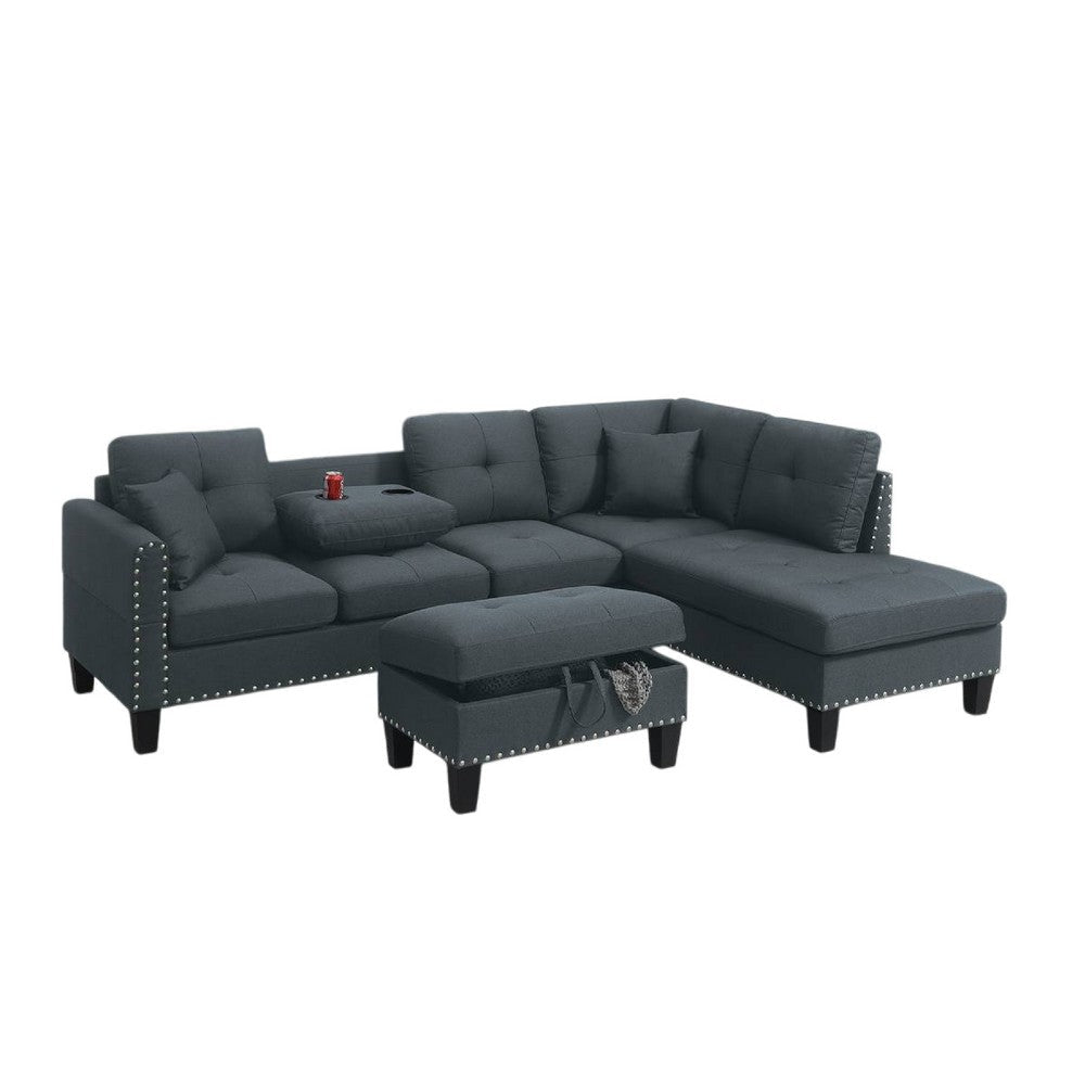 Rema 3pc Sectional Sofa, Chaise, Ottoman, 2 Pillows, Dark Gray Linen