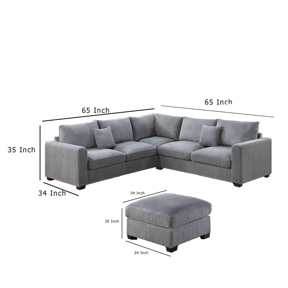 Rey 4pc L Sectional Sofa Set 2 Accent Pillows Gray Corduroy Fabric BM332381