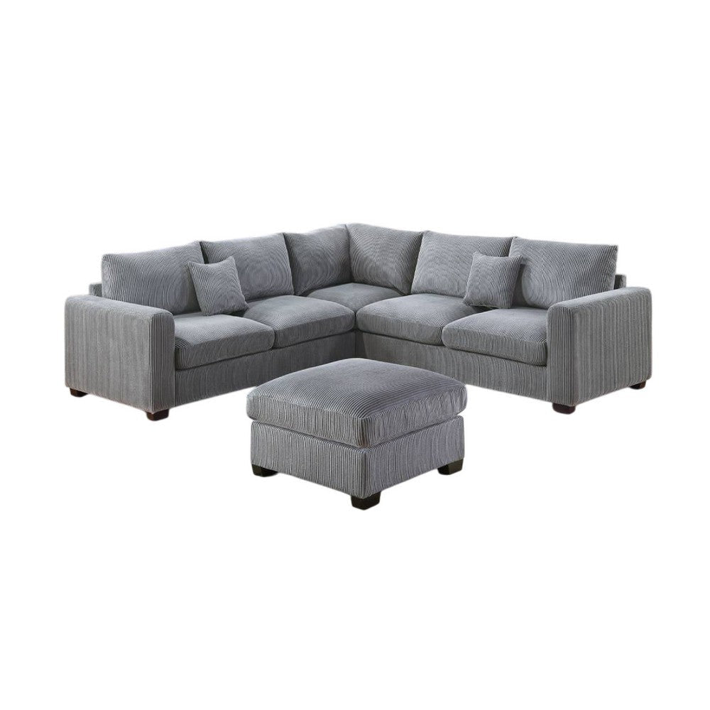 Rey 4pc L Sectional Sofa Set, 2 Accent Pillows, Gray Corduroy Fabric