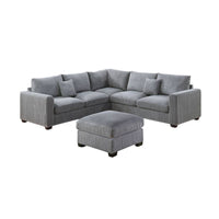 Rey 4pc L Sectional Sofa Set, 2 Accent Pillows, Gray Corduroy Fabric