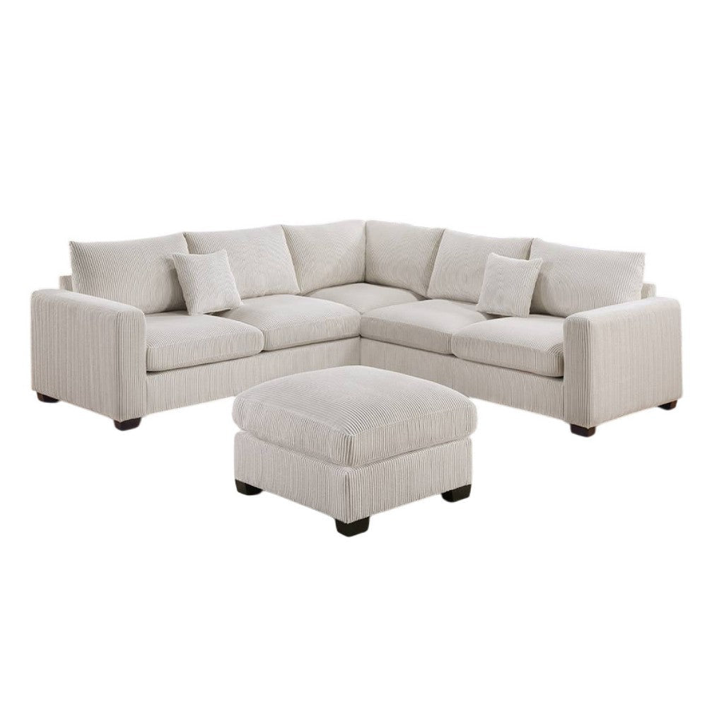 Rey 4pc L Sectional Sofa Set 2 Accent Pillows Ivory Corduroy Fabric BM332382