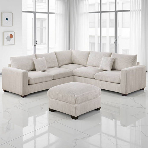 Rey 4pc L Sectional Sofa Set, 2 Accent Pillows, Ivory Corduroy Fabric