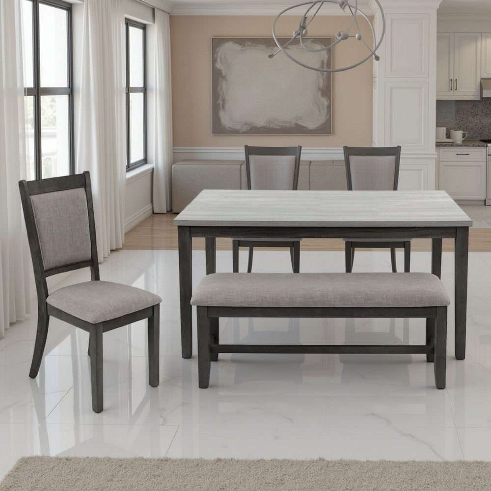 6pc Dining Table 4 Chairs and Bench Set, Gray and Black Rubberwood
