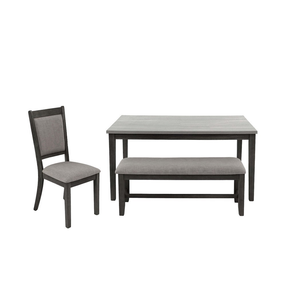 6pc Dining Table 4 Chairs and Bench Set, Gray and Black Rubberwood