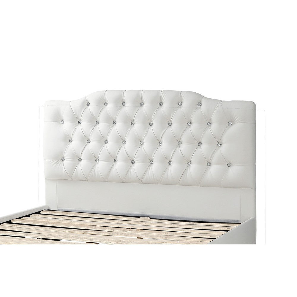 Full Size Bed Tufted Curved White Faux Leather Upholstered Pine Wood BM332384