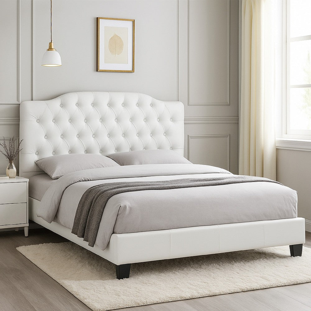 Full Size Bed, Tufted Curved, White Faux Leather Upholstered Pine Wood