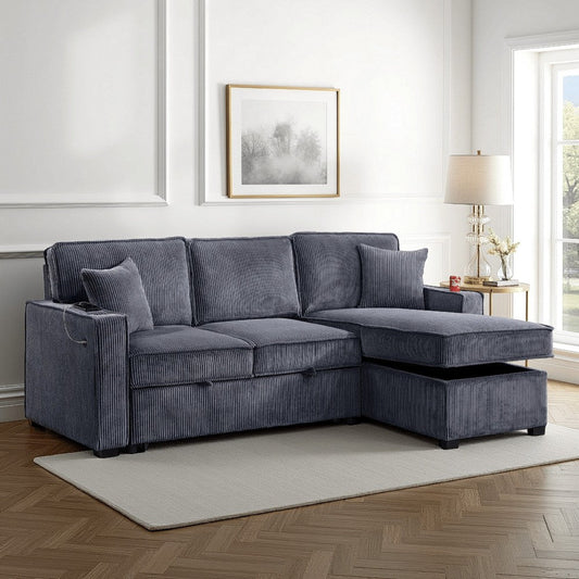 Foi Convertible Sectional Sofa with Reversible Chaise, Gray Corduroy
