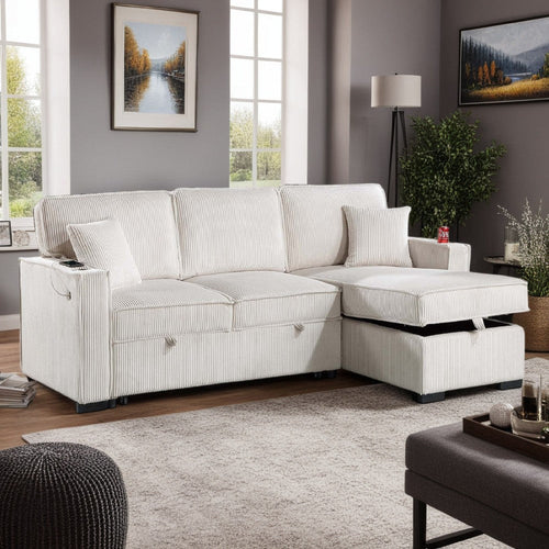Foi Convertible Sectional Sofa with Reversible Chaise, Beige Corduroy