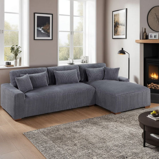 Lio 2pc XL Sectional Sofa with Chaise, 5 Throw Pillows, Gray Corduroy