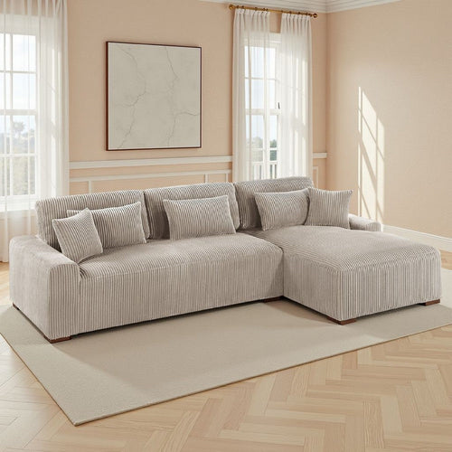 Lio 2pc XL Sectional Sofa with Chaise, 5 Throw Pillows, Brown Corduroy