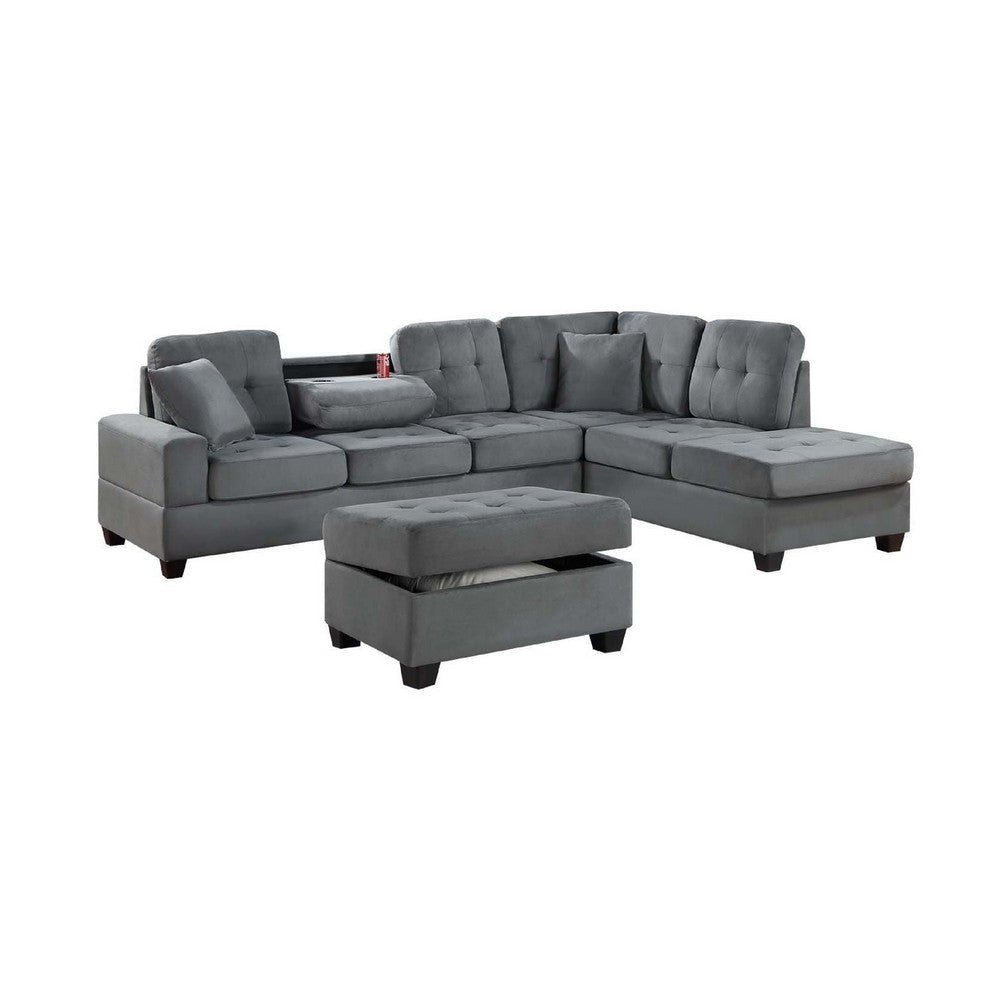 Aea 3pc Sectional Sofa Chaise and Ottoman Set 2 Pillows Dark Gray BM332393