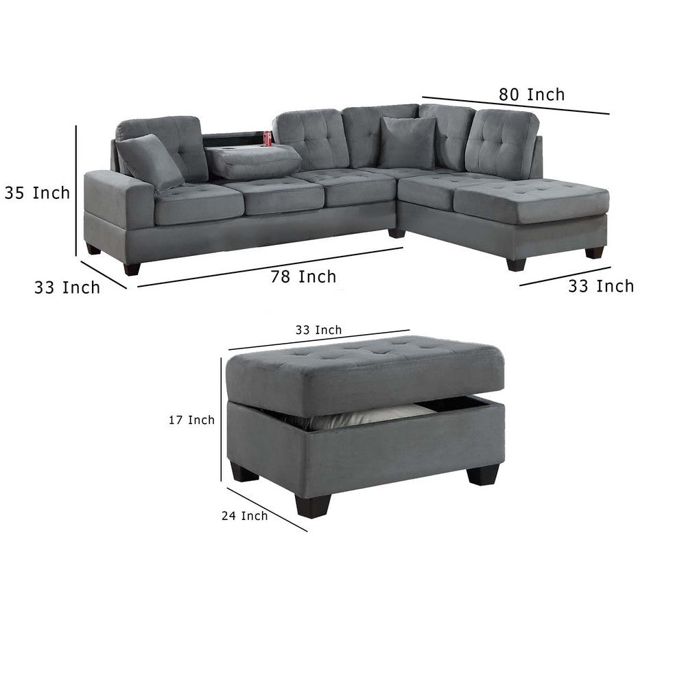 Aea 3pc Sectional Sofa Chaise and Ottoman Set 2 Pillows Dark Gray BM332393