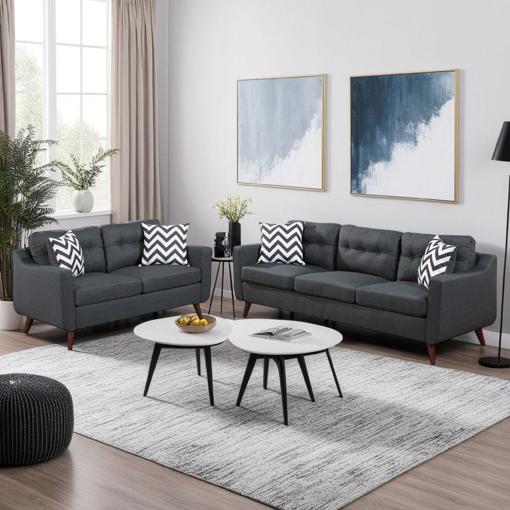 Roli 2pc Sofa and Loveseat Set, 4 Throw Pillows, Soft Black Polyfiber