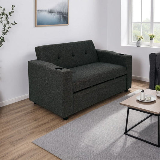 Soen Convertible Sofa w Pull Out Sleeper Bed, 2 Pillows, Charcoal Gray