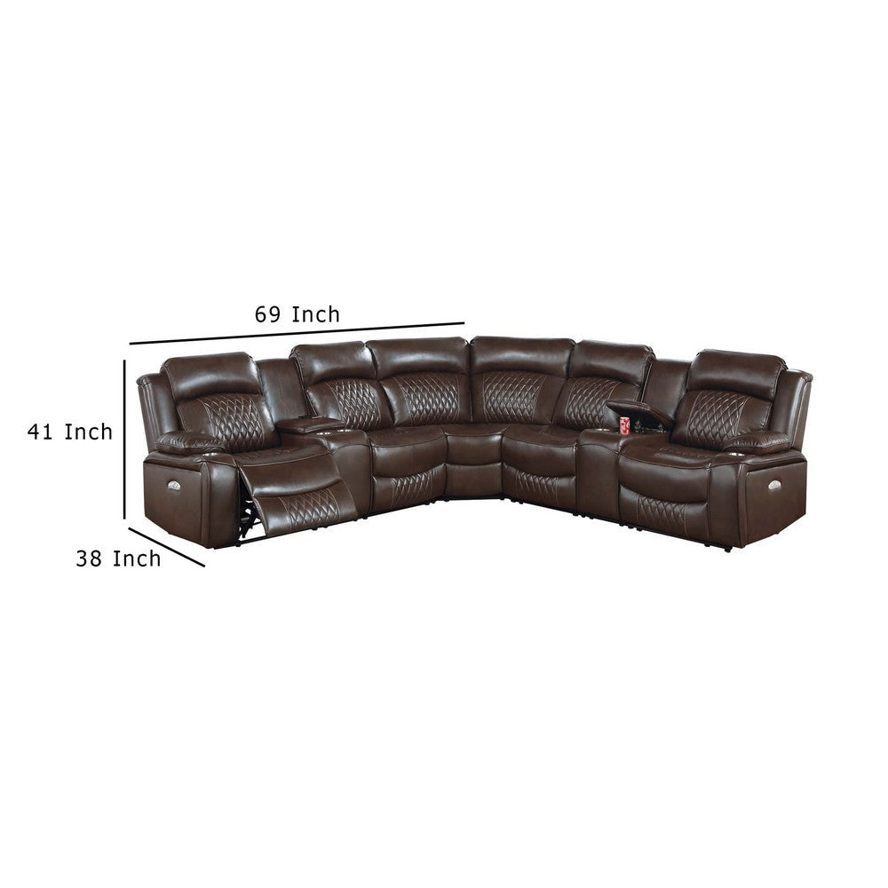 Ina Power Sectional Recliner L Shape Sofa Console Brown Faux Leather BM332405
