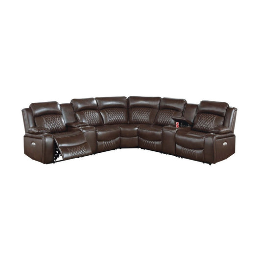 Ina Power Sectional Recliner L Shape Sofa, Console, Brown Faux Leather