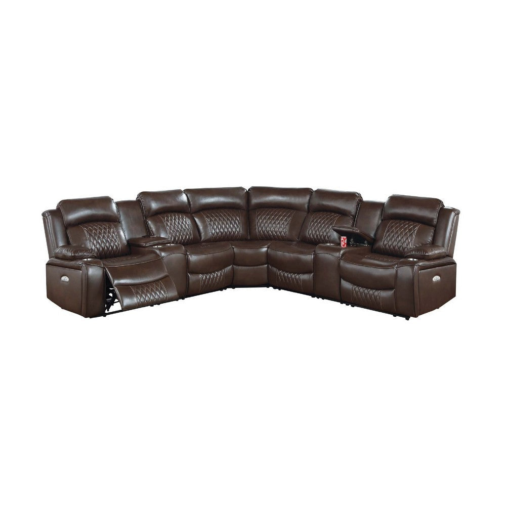 Ina Power Sectional Recliner L Shape Sofa, Console, Brown Faux Leather