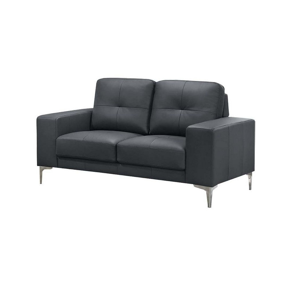 Moa 2pc Loveseat n Sofa Set Modern Chrome Legs Black Full Leather