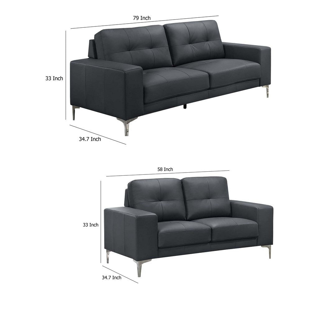 Moa 2pc Loveseat n Sofa Set Modern Chrome Legs Black Full Leather