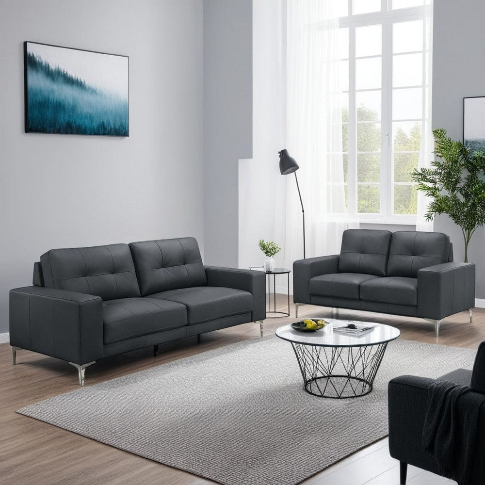 Moa 2pc Loveseat n Sofa Set, Modern Chrome Legs, Black Full Leather