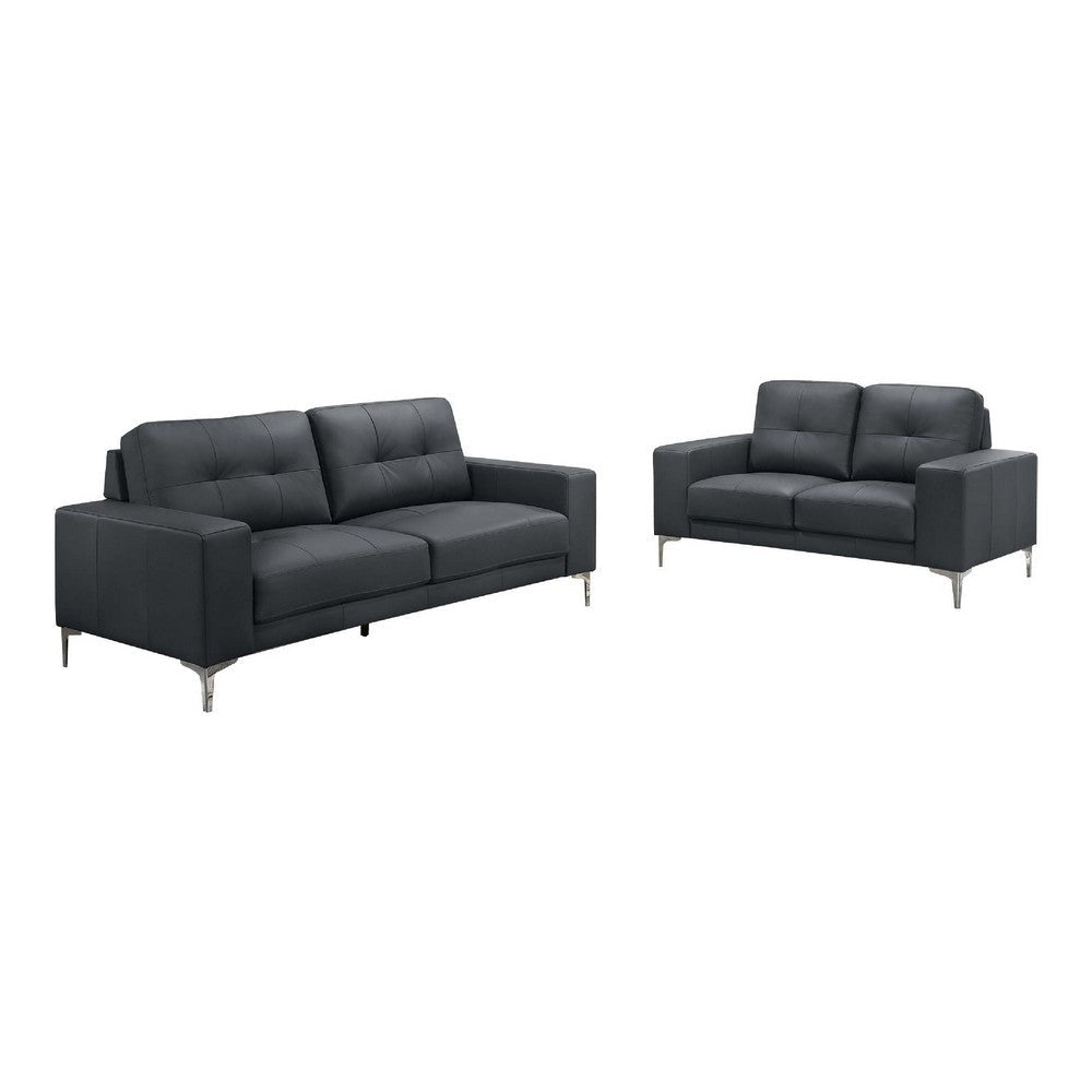 Moa 2pc Loveseat n Sofa Set, Modern Chrome Legs, Black Full Leather