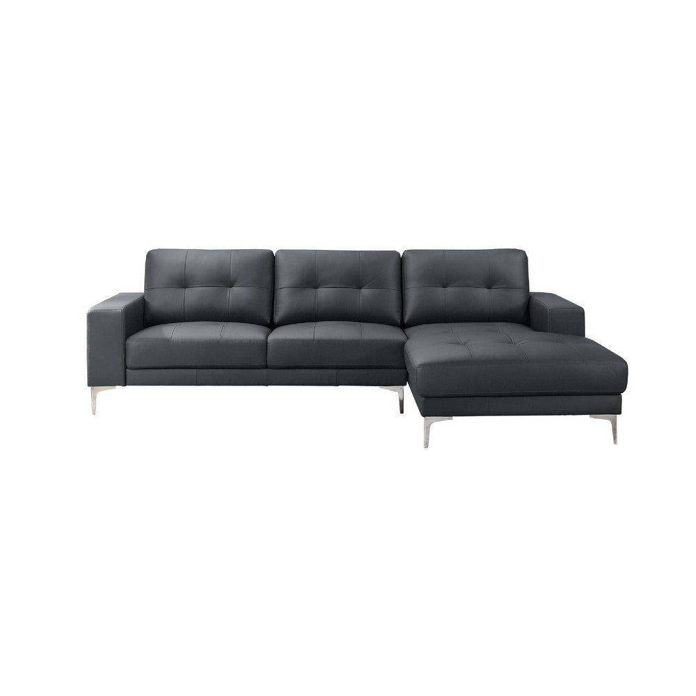 Moa 2pc Sectional Sofa w RAF Chaise, Chrome Legs, Black Full Leather