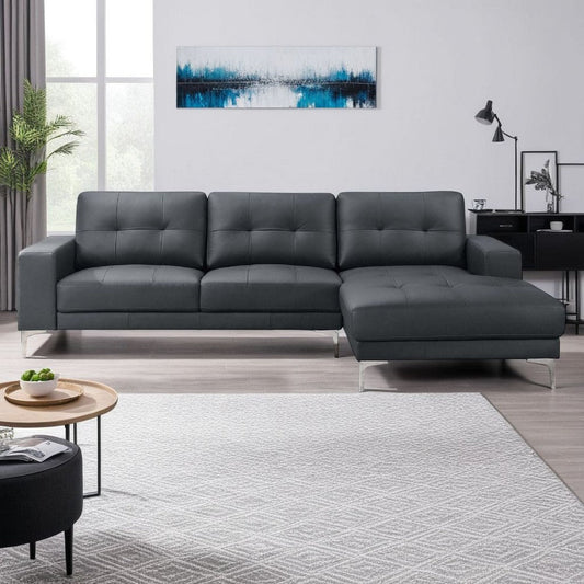 Moa 2pc Sectional Sofa w RAF Chaise, Chrome Legs, Black Full Leather