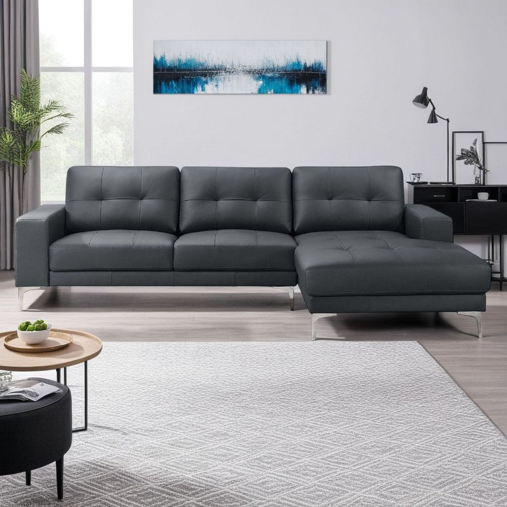 Moa 2pc Sectional Sofa w RAF Chaise, Chrome Legs, Black Full Leather