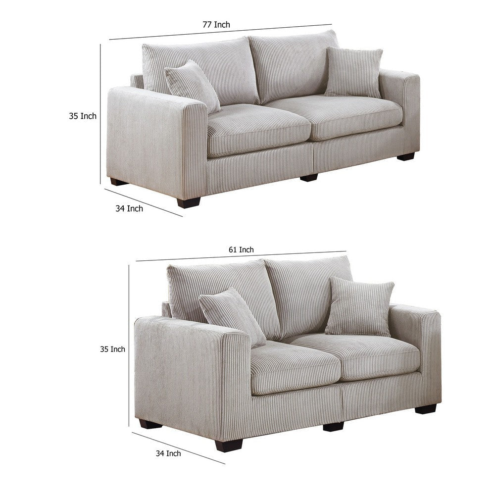 Jesica 2pc Loveseat Sofa Set 2 Accent Pillows Ivory Corduroy Fabric BM332420