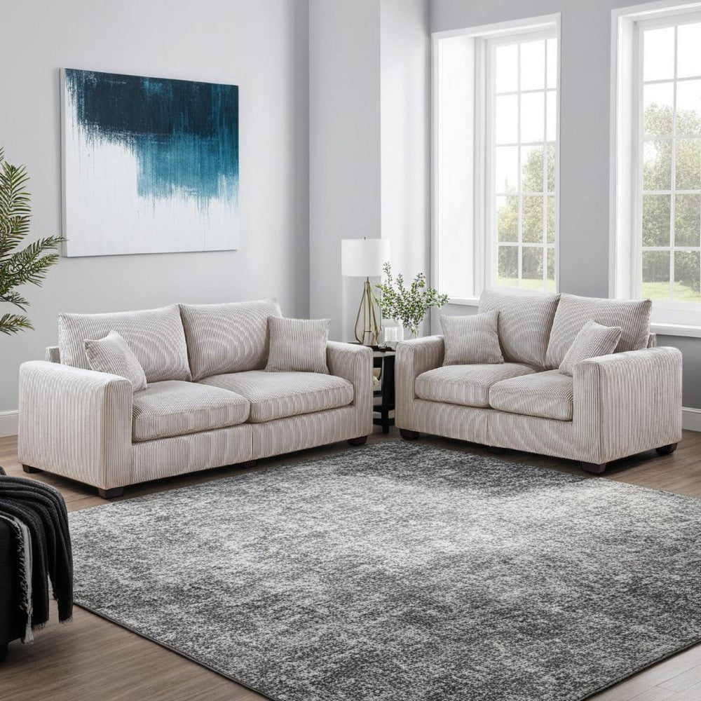 Jesica 2pc Loveseat Sofa Set, 2 Accent Pillows, Ivory Corduroy Fabric