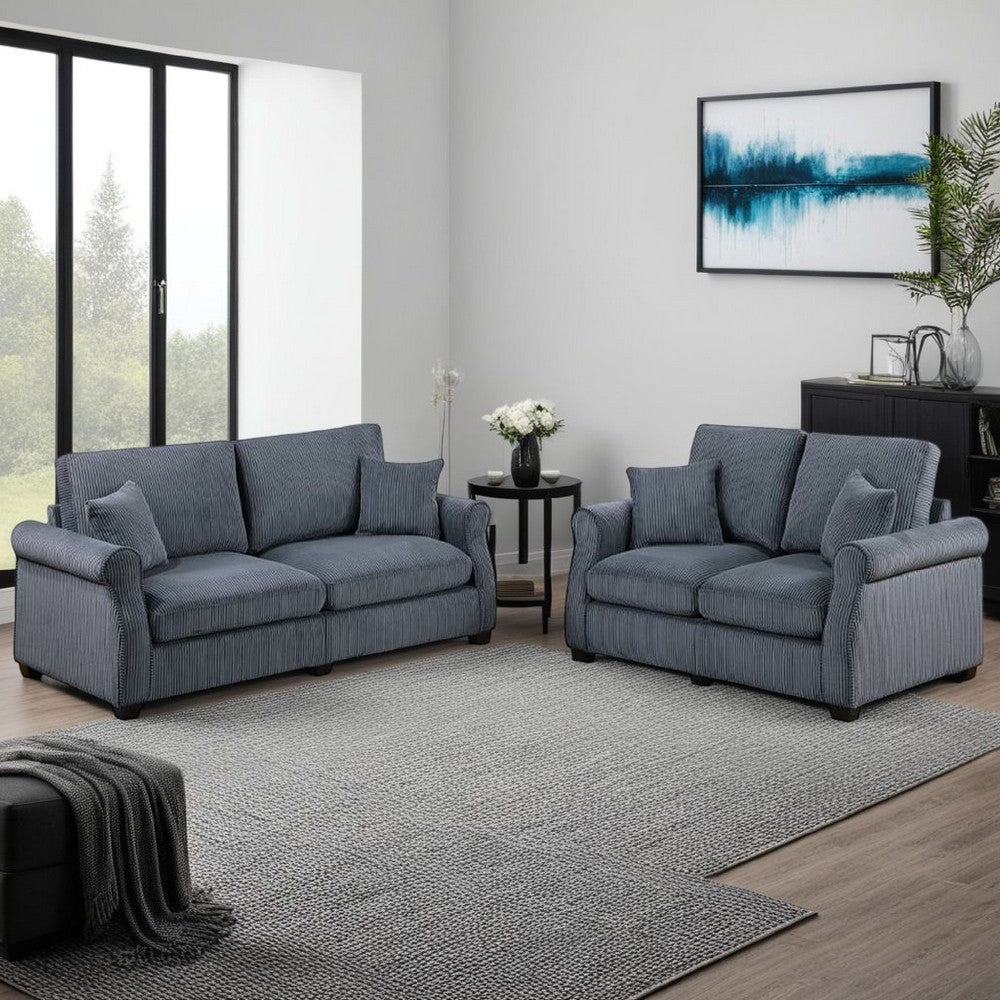 Jesica 2pc Loveseat n Sofa Set, 2 Pillows, Dark Gray Corduroy Fabric
