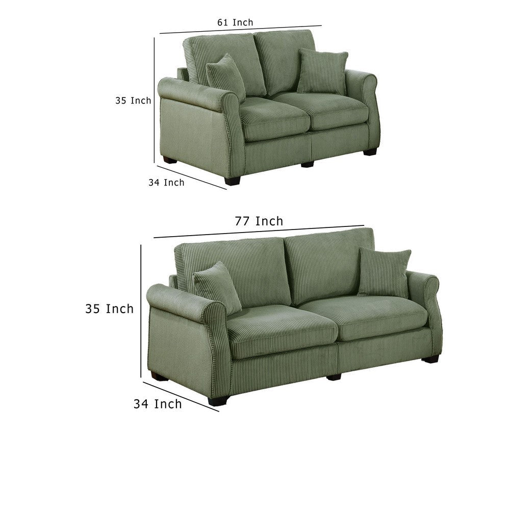 Jesica 2pc Loveseat n Sofa Set 2 Pillows Sage Green Corduroy Fabric BM332422