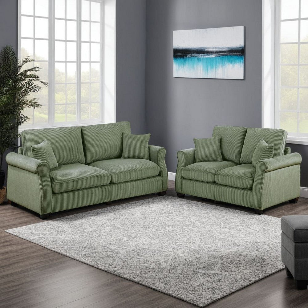 Jesica 2pc Loveseat n Sofa Set, 2 Pillows, Sage Green Corduroy Fabric