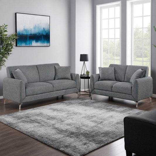 Rena 2pc Sofa and Loveseat Set, 2 Pillows, Dark Gray Burlap Fabric