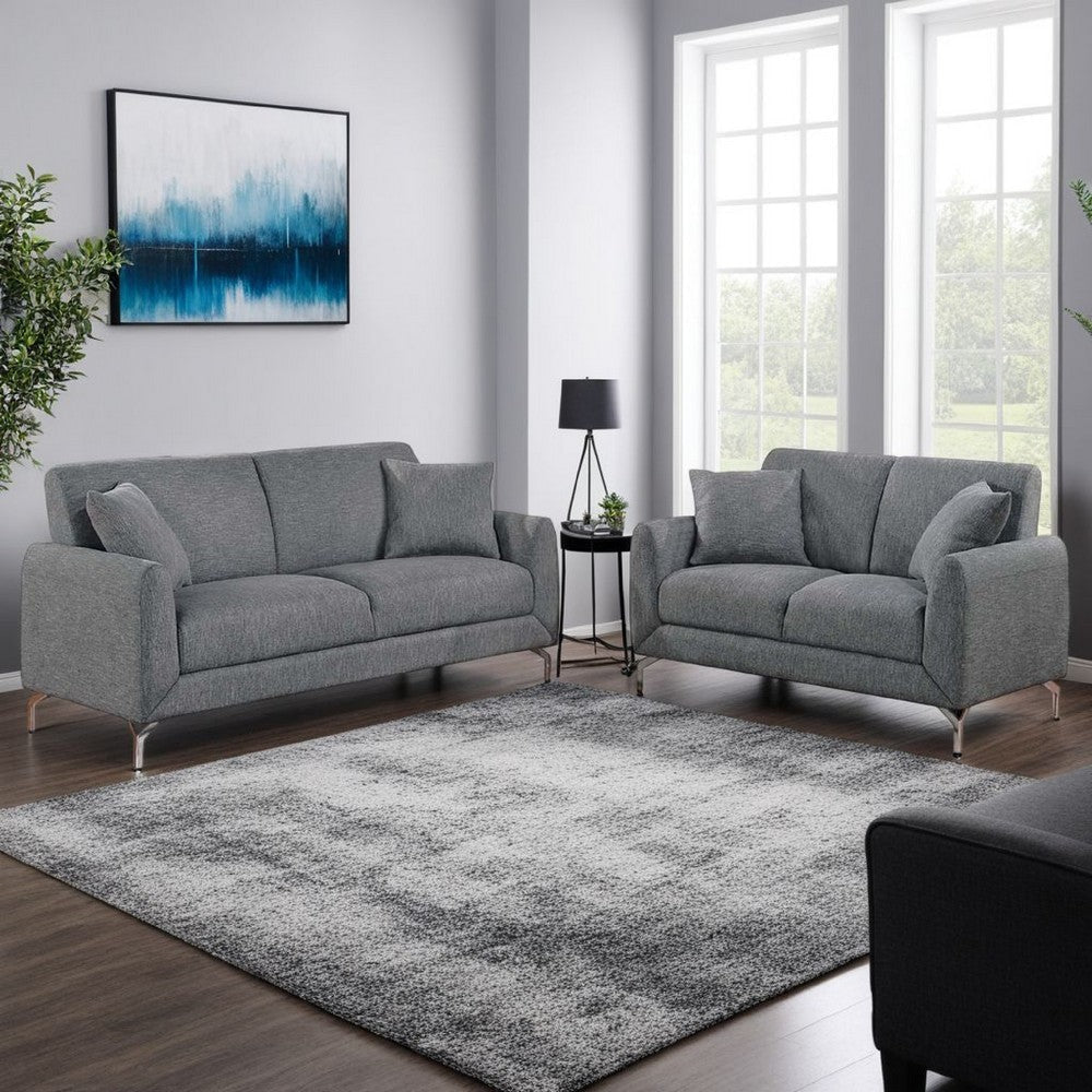 Rena 2pc Sofa and Loveseat Set, 2 Pillows, Dark Gray Burlap Fabric