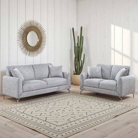 Rena 2pc Sofa and Loveseat Set, 2 Pillows, Light Gray Burlap Fabric