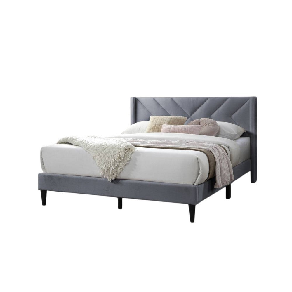 Reno Queen Size Bed, Modern X Channel Tufted Gray Velvet Upholstery