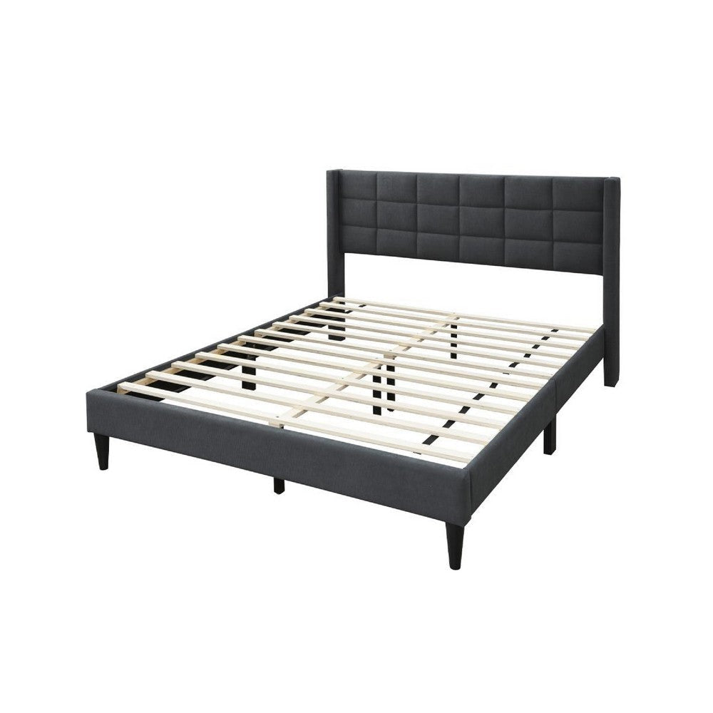 Meno Queen Size Bed Square Stitched Charcoal Gray Linen Upholstery